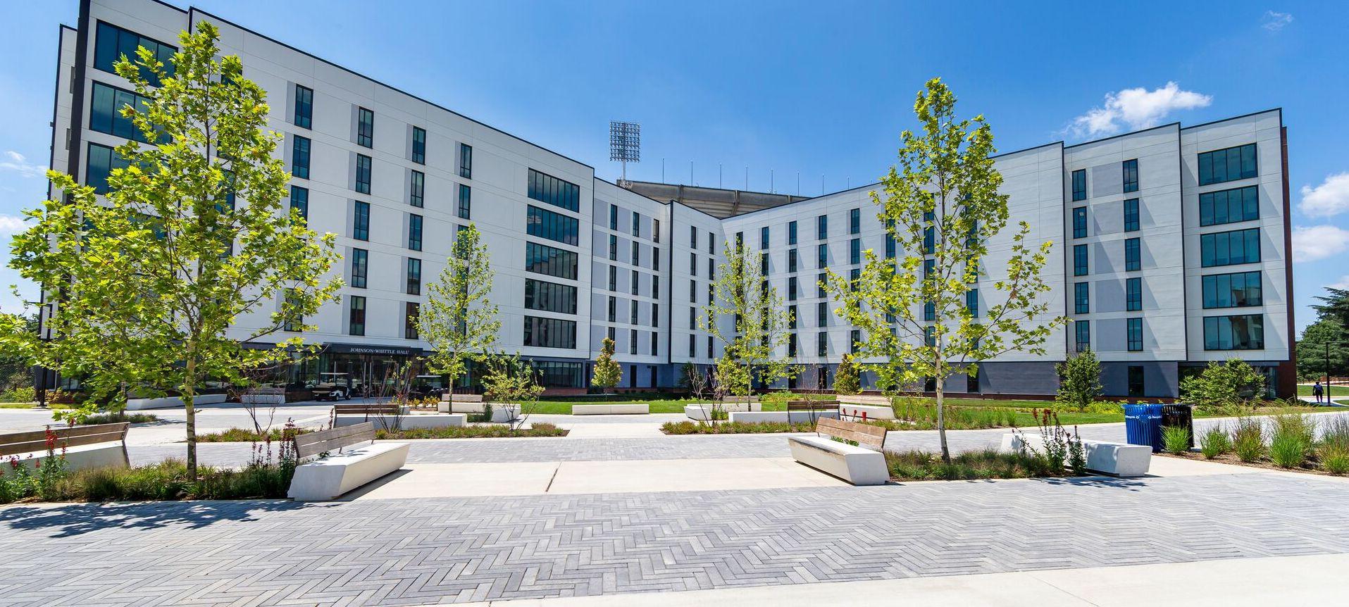 Exterior of Johnson-Whittle Hall and Heritage Community plaza.