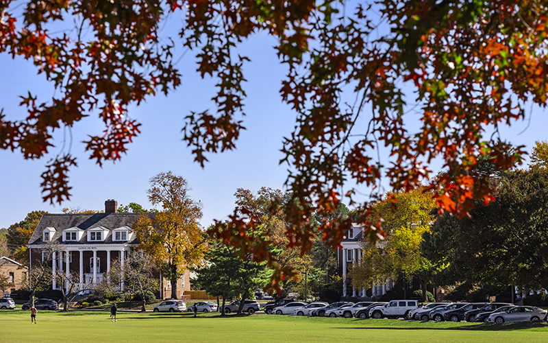 Fraternity houses with white columns viewed across a green lawn, framed by colorful autumn leaves and trees.
