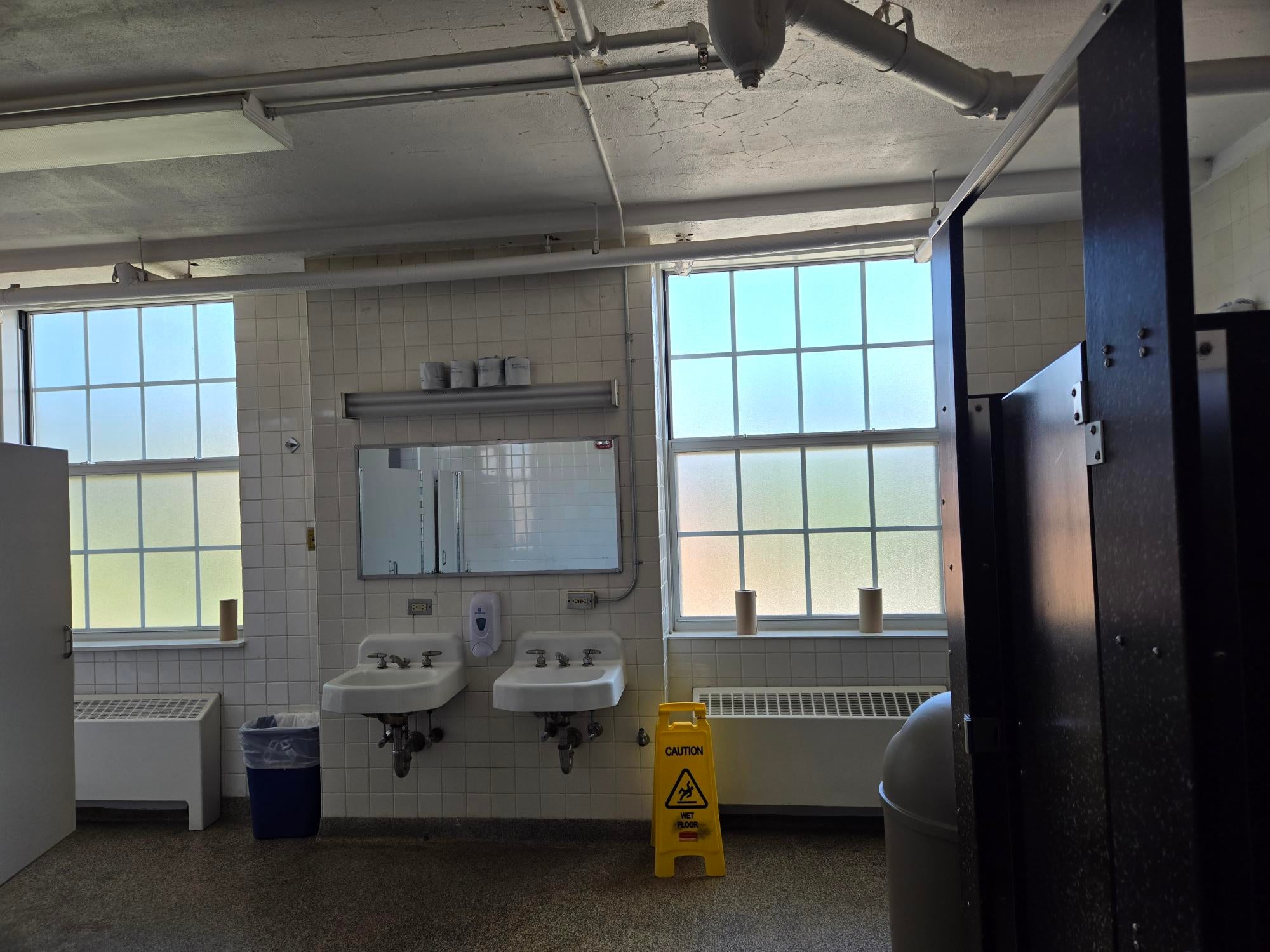 Chestertown bathroom pulled back view showing windows and sinks.
