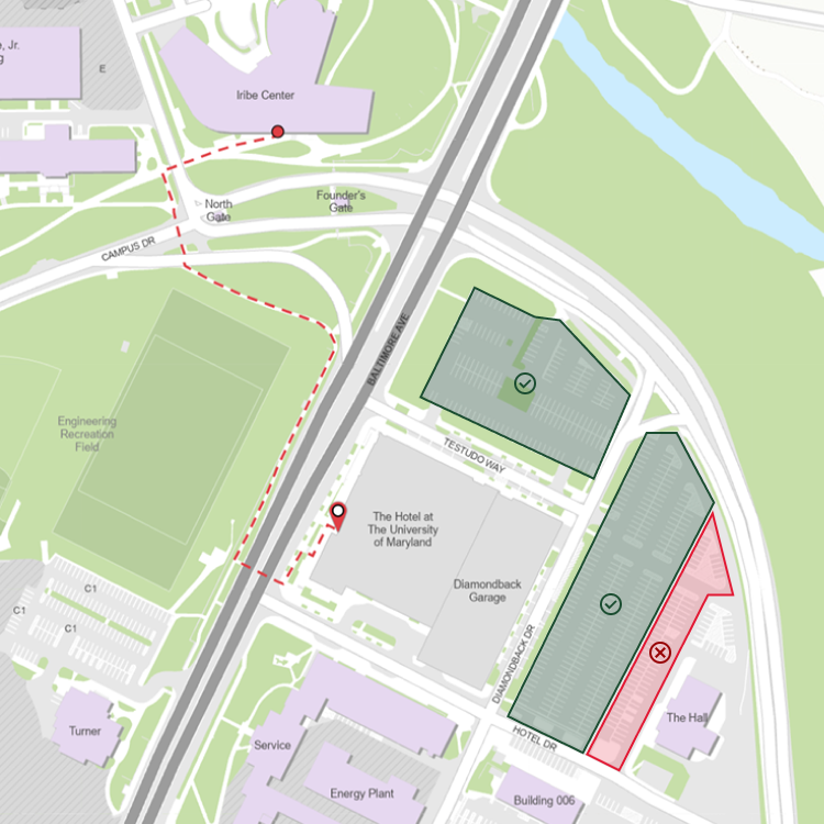 map with directions from The Hotel at UMD to the Iribe Center