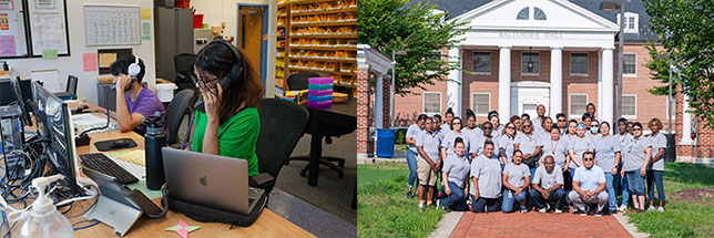 collage of two service center students answering phones and a group of houskeeping staff in front of Baltimore Hall