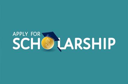 Graphic with the words “Apply for Scholarship” in large white text on a teal background, featuring a gold coin with a dollar sign wearing a graduation cap over the word “Scholarship.”