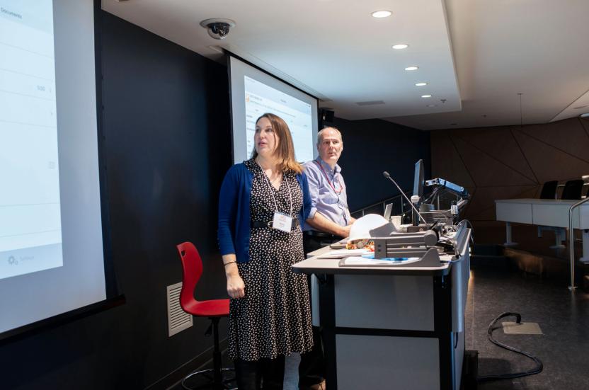 Close up of Kelly Ridings & Patrick Rhodes presenting