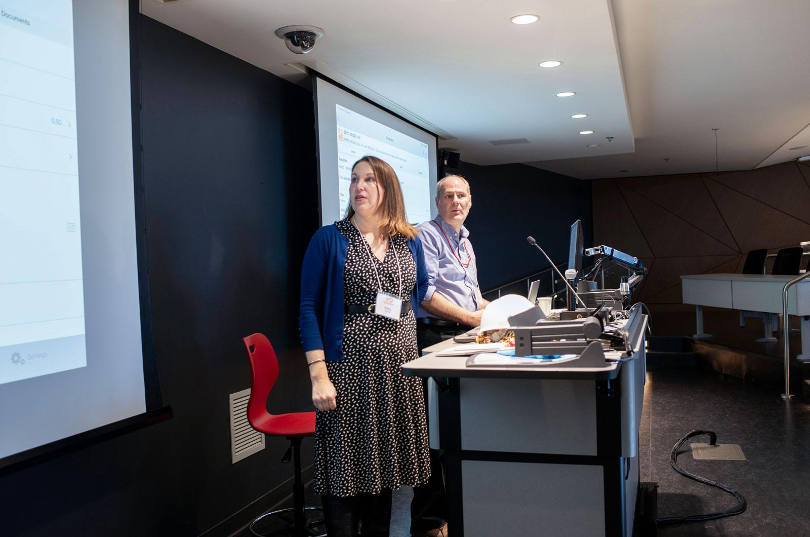 Close up of Kelly Ridings & Patrick Rhodes presenting