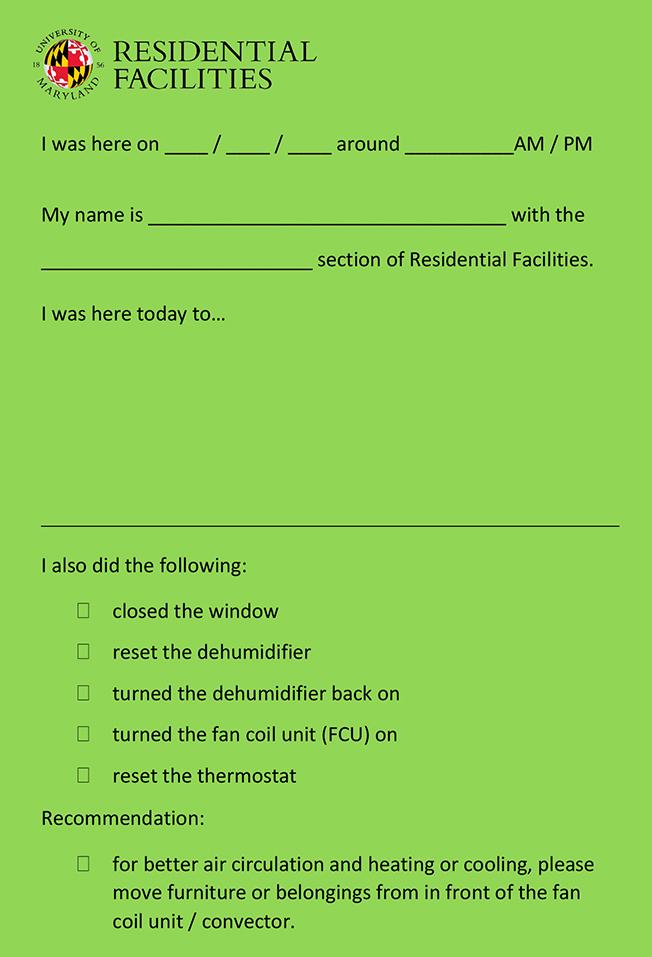 example Residential Facilities "I was here" note