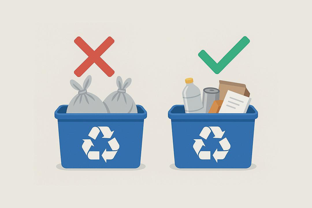 Graphic showing that recycling must go in the bin loose, not in plastic bags.