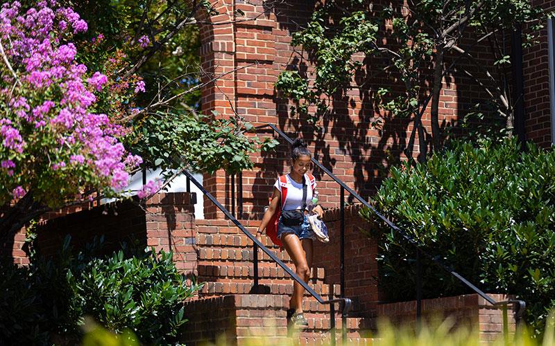 A student walks down brick stairs outside a campus building framed by green and pink foliage.