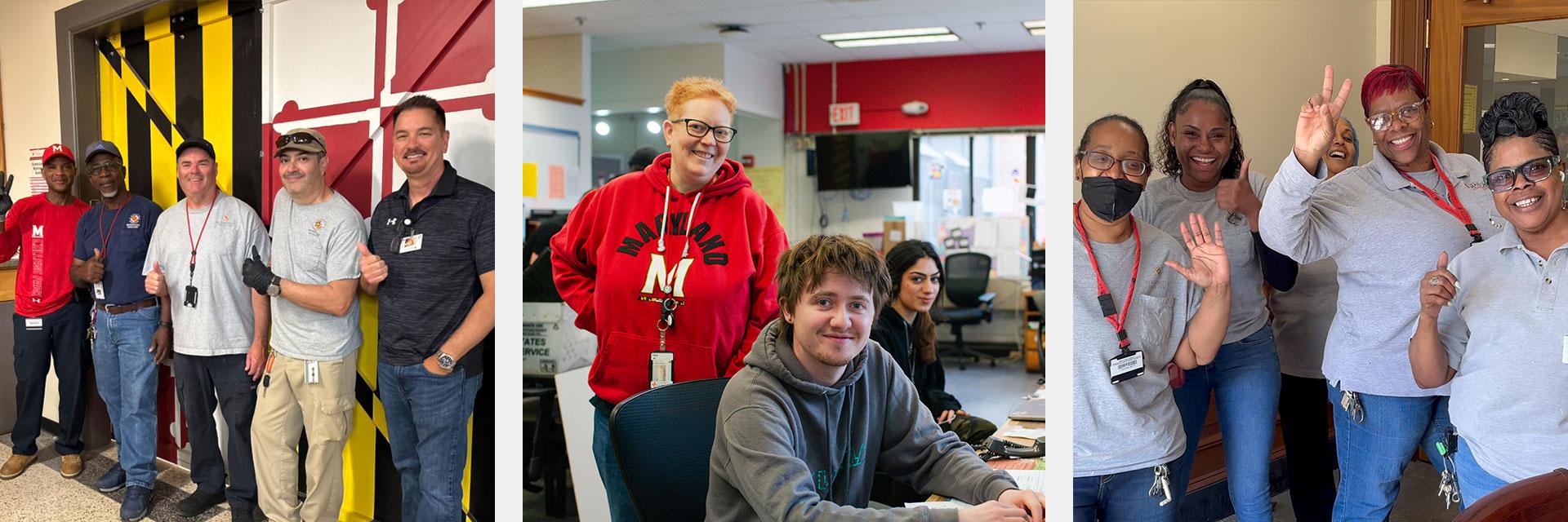 Three side-by-side photos featuring residential facilities staff: building maintenance staff on the left, service center staff in the middle, and housekeeping staff on the right.
