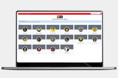 Laptop showing a Facilities Service Central website with a grid of maintenance icons.